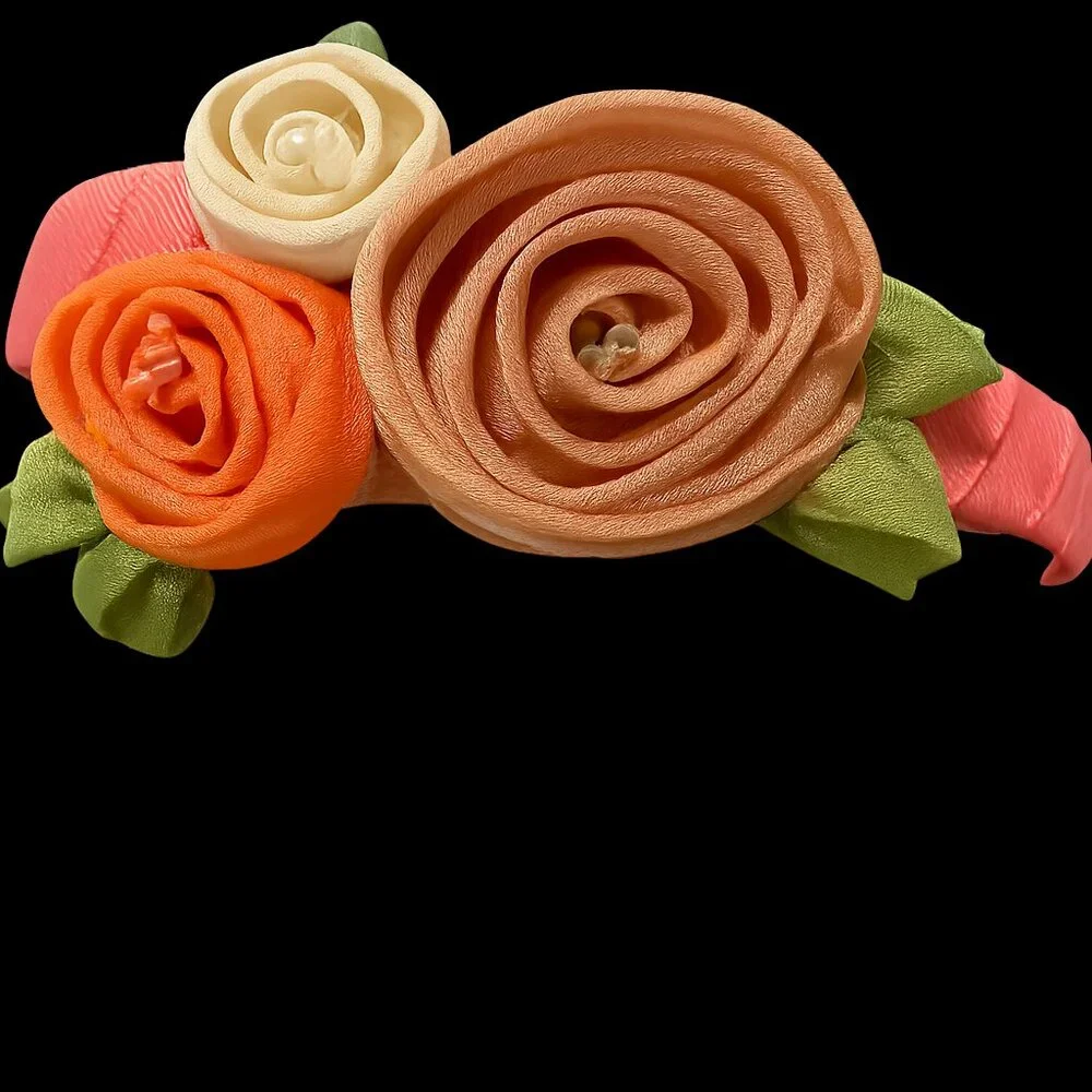 NEW Stunning‎ Handmade Girls Headband Coral Peach Ivory Silk Flowers